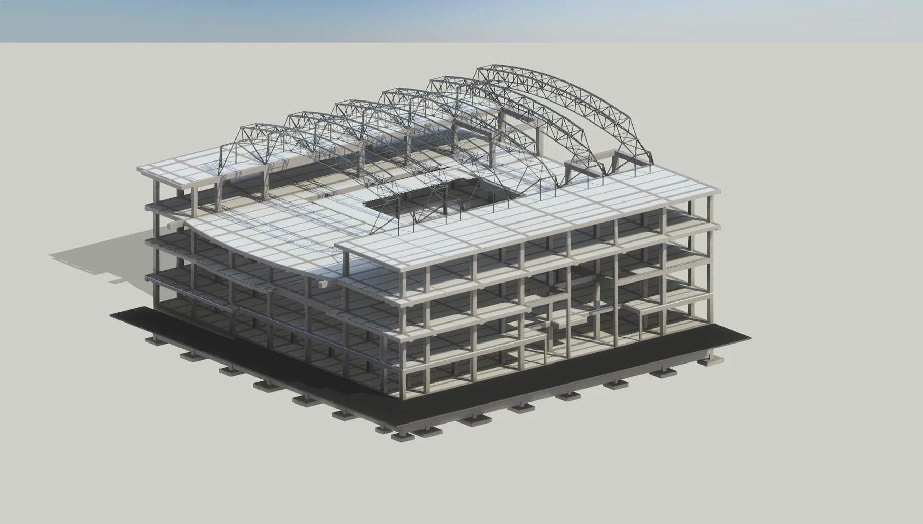 Modelo BIM de una edificación con estructura de concreto, acero y cimentaciones