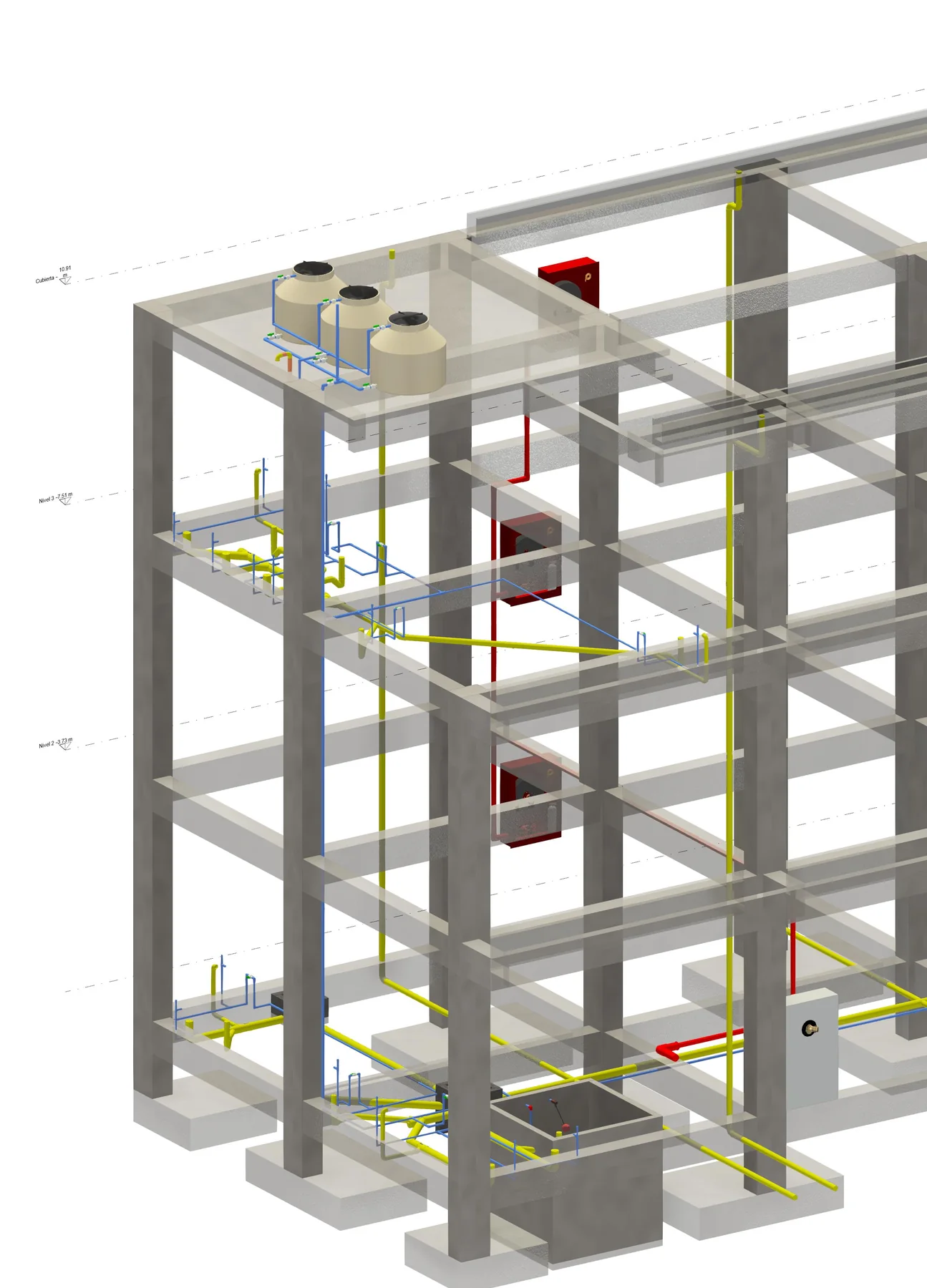 Modelo BIM coordinado de redes hidráulicas y equipos