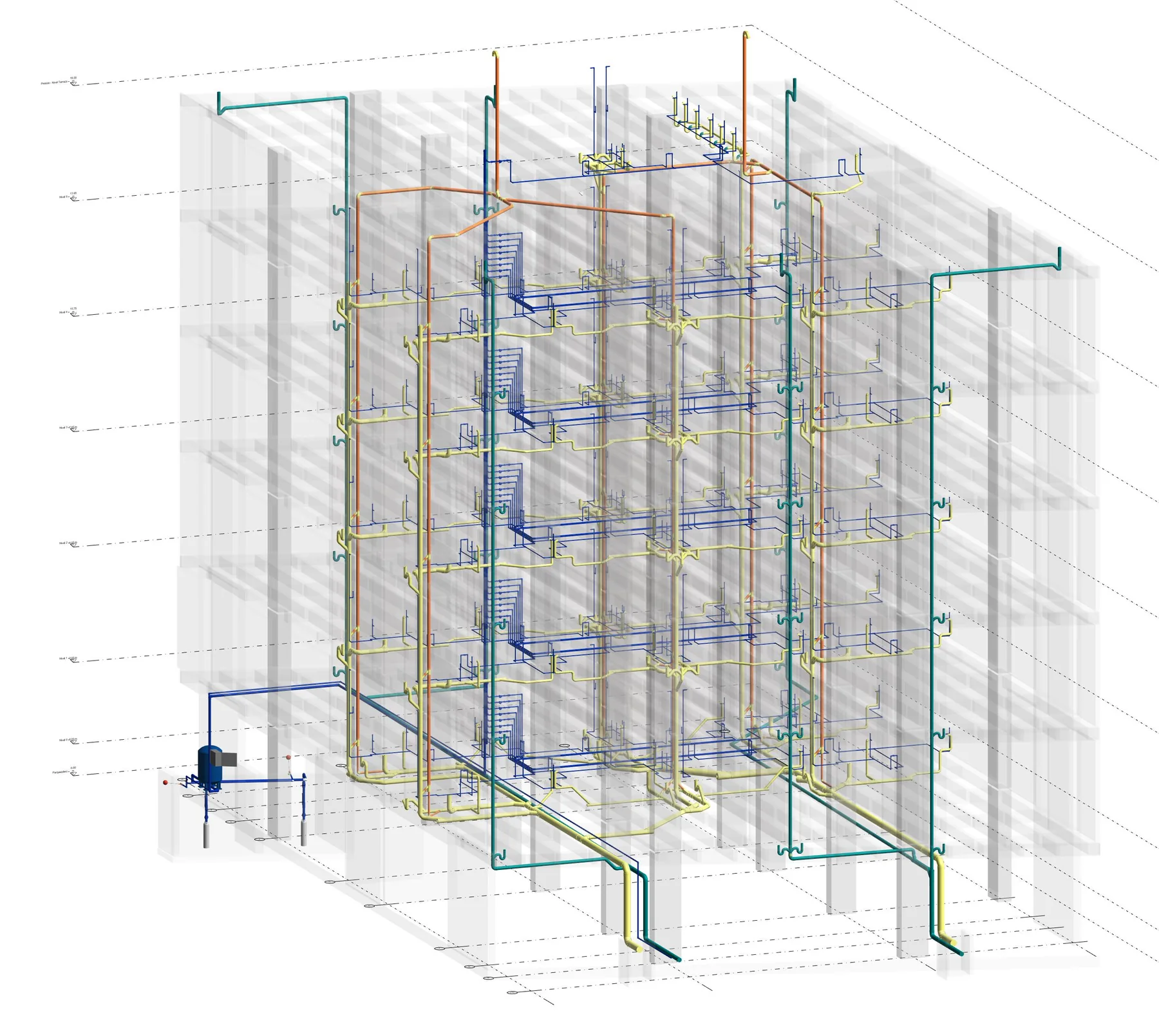 Modelo BIM coordinado de redes hidrosanitarias en una edificación